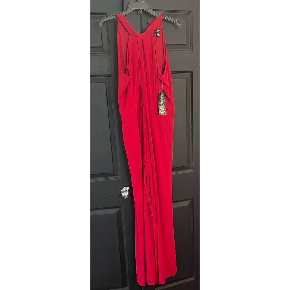 Nina Leonard Crossed Neck Sleeveless Keyhole Jersey Jumpsuit